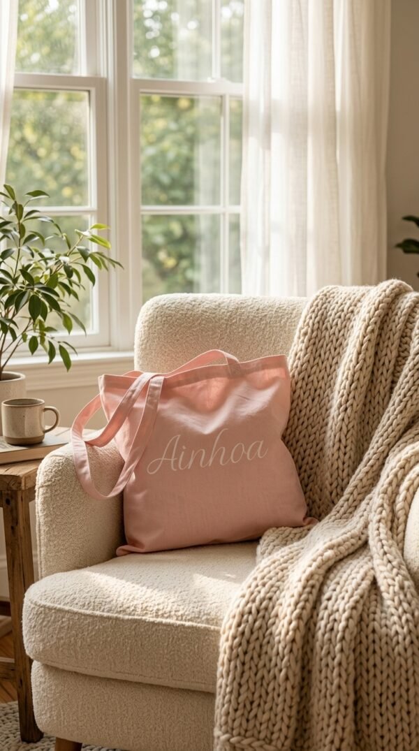 Pink_tote_bag_resting_armchair_20261015152157 Bolso para libros o trabajo personalizado